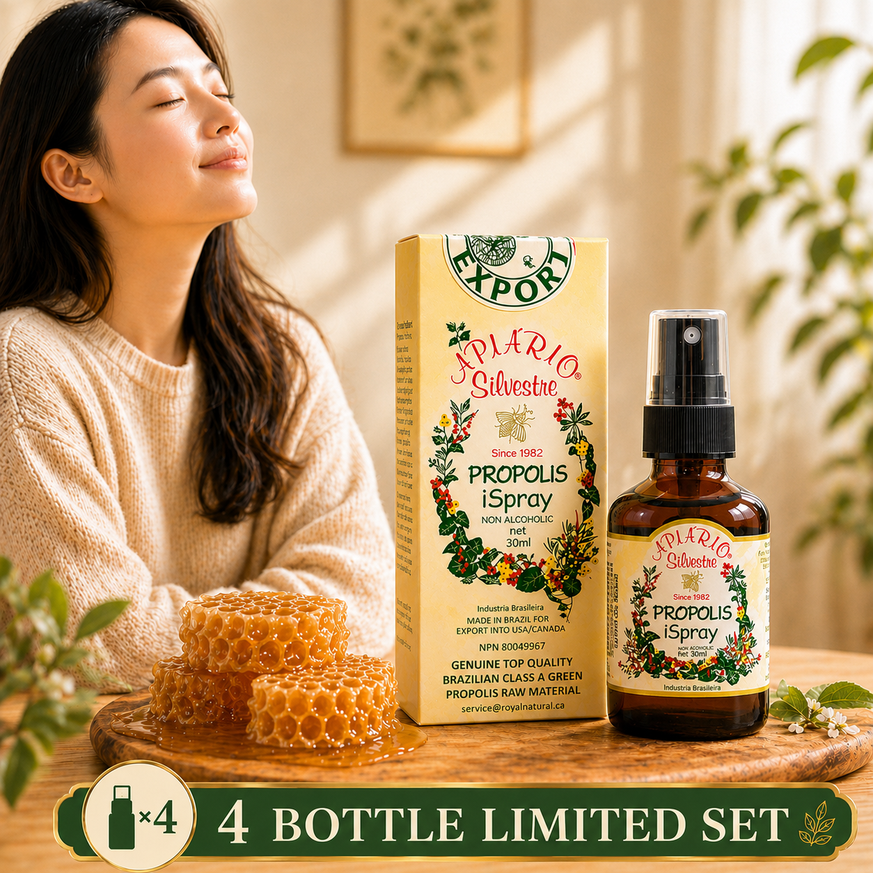 Apiário Silvestre Brazilian Green Propolis Spray 30 mL × 4| 4-Bottle Value Set | Throat & Oral Care