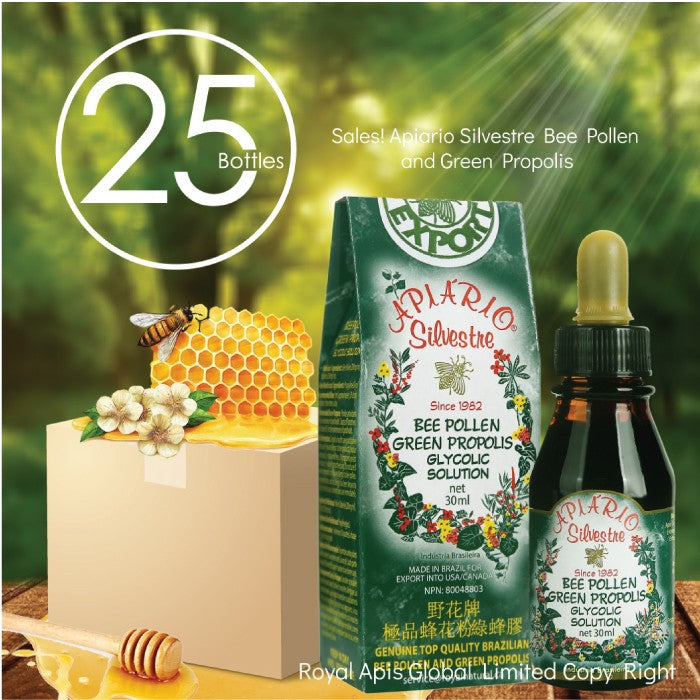 25 Bottles Apiario Silvestre Bee Pollen Green Bee Propolis Liquid Glycolic Extract -Non Alcoholic, Wax Free