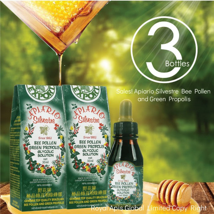 3 Bottles Apiario Silvestre Bee Pollen Green Bee Propolis Liquid Glycolic Extract -Non Alcoholic, Wax Free